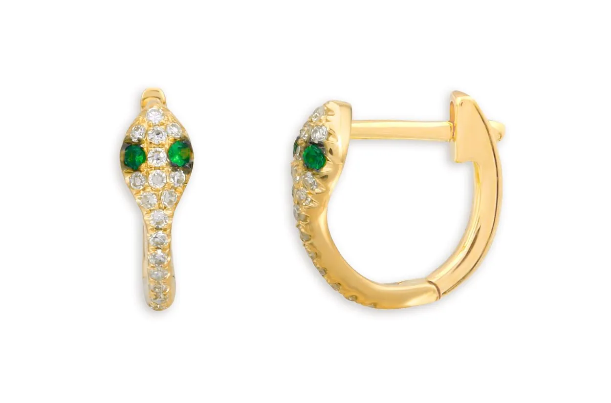 Earrings 14kt Gold Snake Huggies Diamonds & Gemstone Eyes