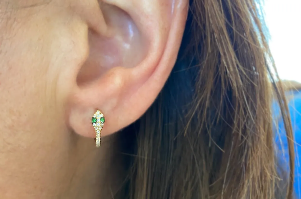 Earrings 14kt Gold Snake Huggies Diamonds & Gemstone Eyes