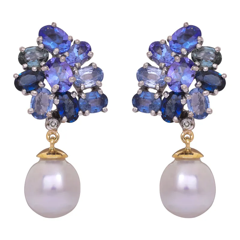 Earrings- Blue Sapphire, Tanzanite, South Sea Pearl and Diamond