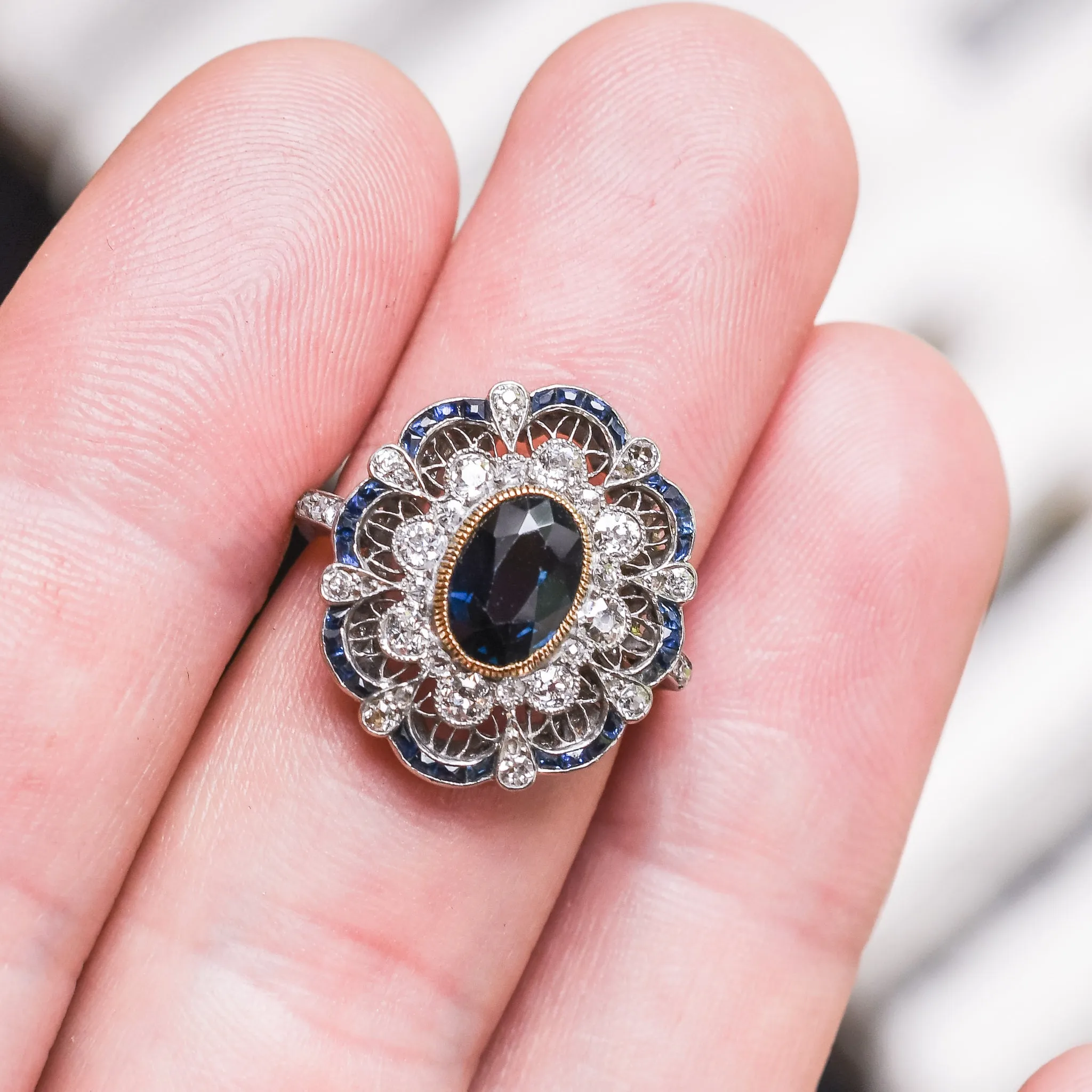Edwardian Sapphire & Diamond Openwork Cocktail Ring