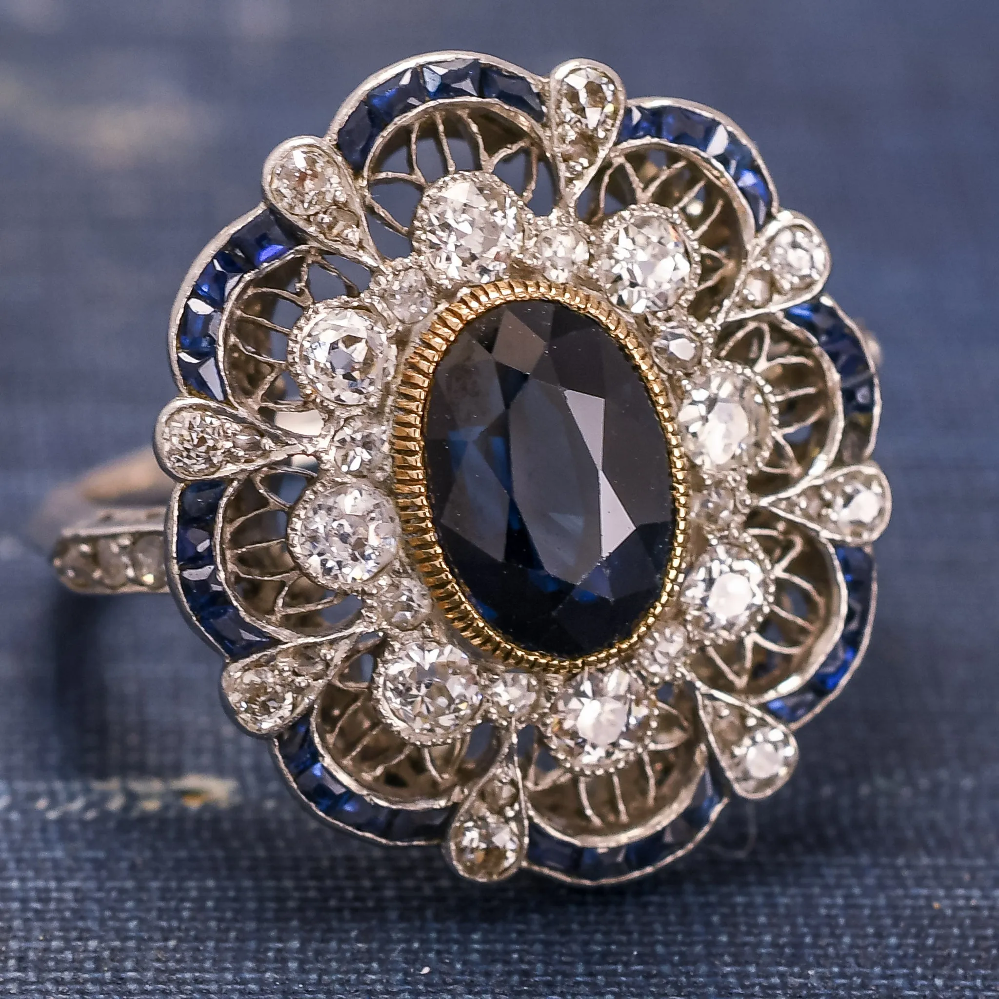Edwardian Sapphire & Diamond Openwork Cocktail Ring