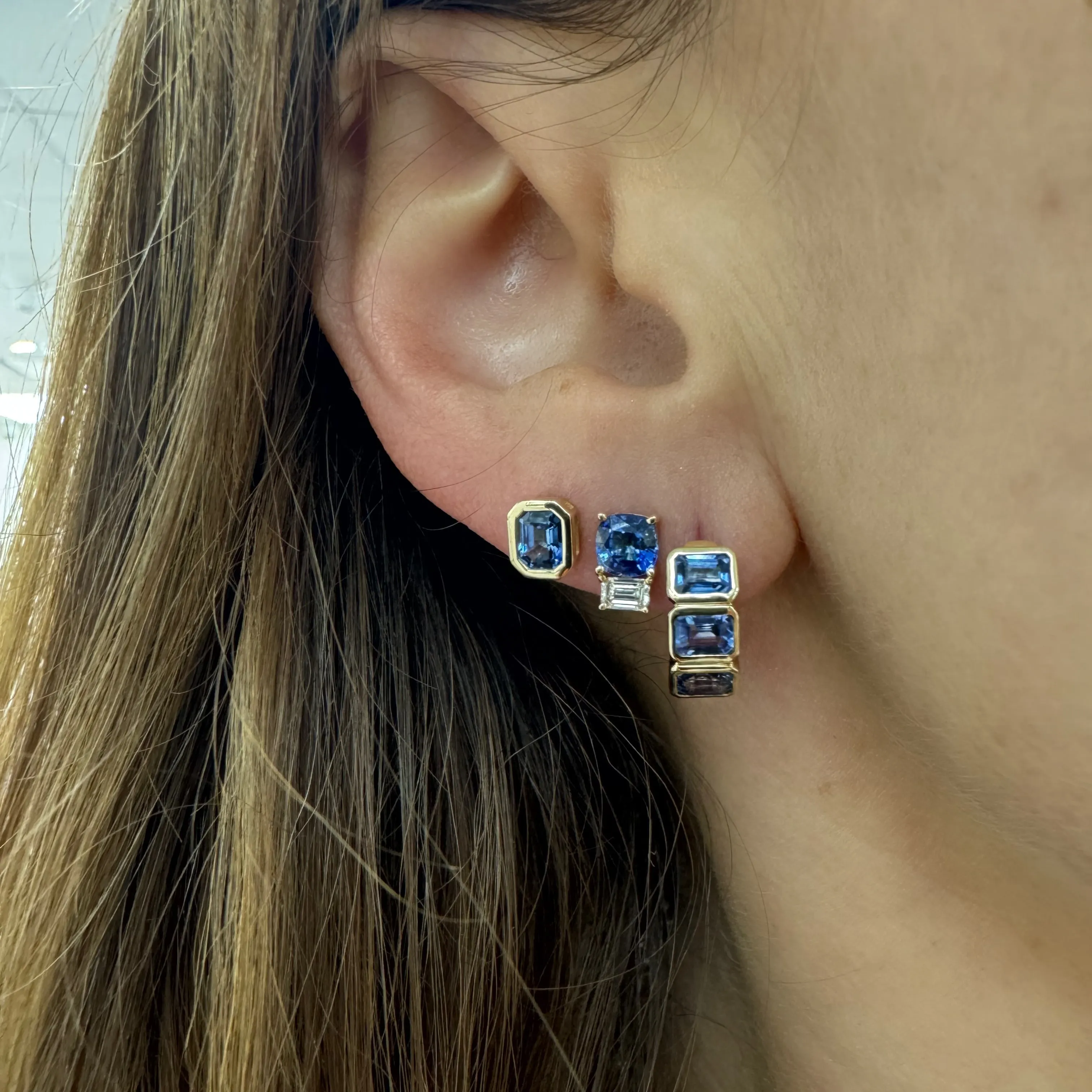 Emerald Cut Blue Sapphire Bezel Stud Earrings
