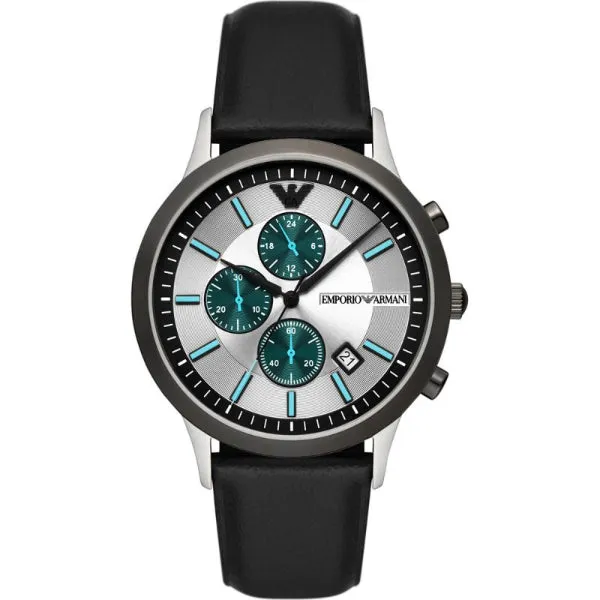 EMPORIO ARMANI Renato Black Leather Strap Silver Dial Chronograph Quartz Watch for Gents - AR11473