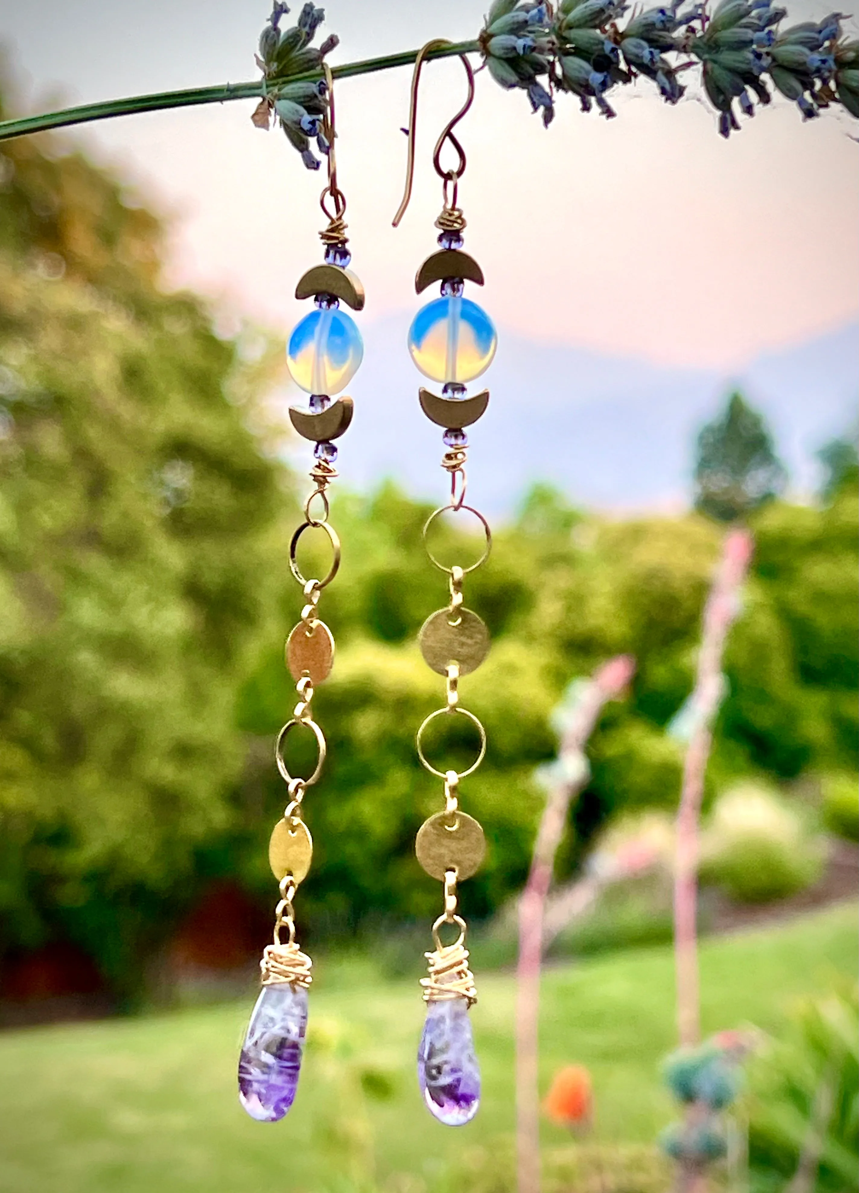 Em'z Blendz Opalite Moon & Amethyst Crystal Dangle Earrings | Handcrafted Brass
