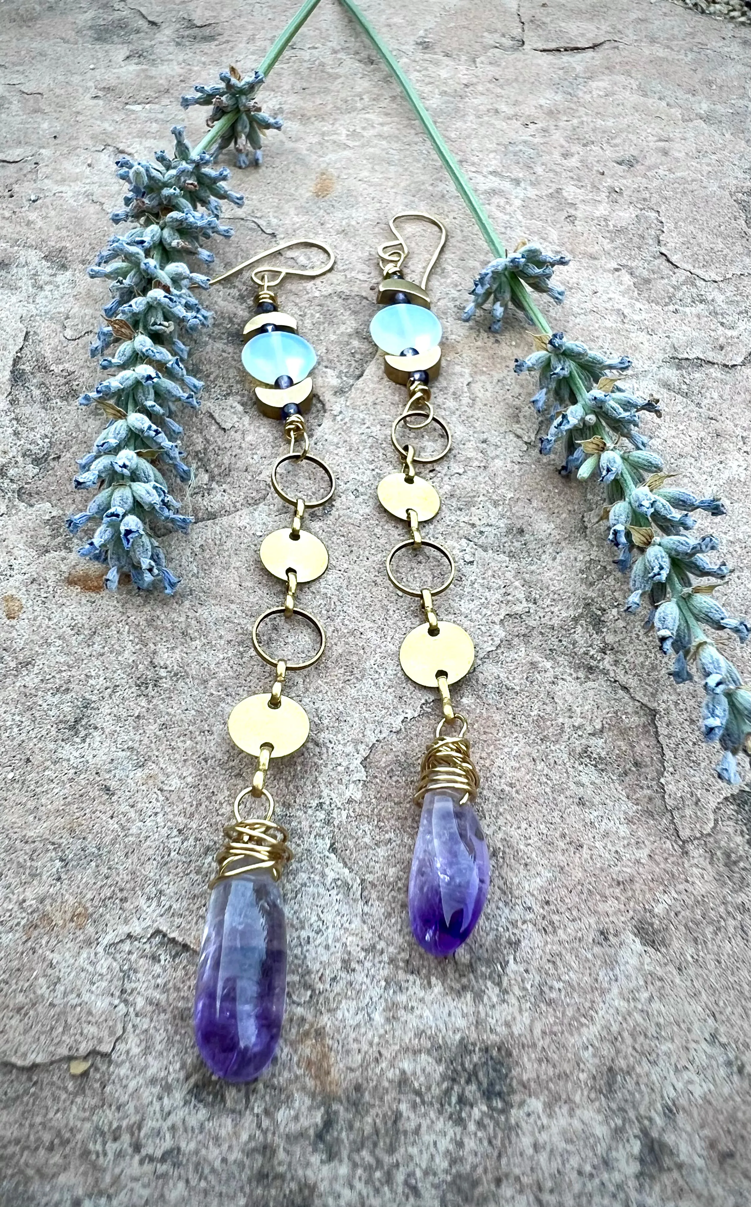 Em'z Blendz Opalite Moon & Amethyst Crystal Dangle Earrings | Handcrafted Brass
