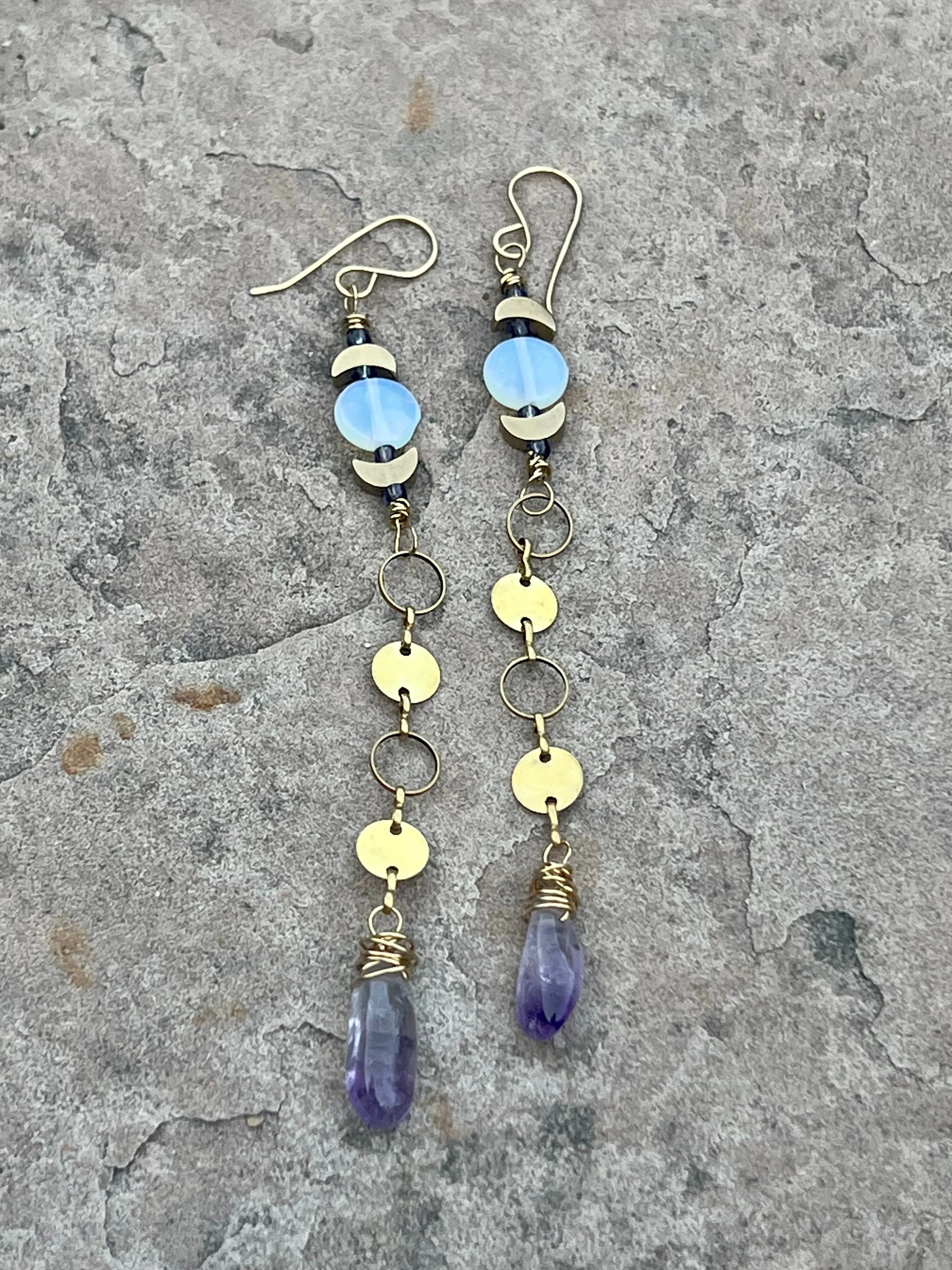 Em'z Blendz Opalite Moon & Amethyst Crystal Dangle Earrings | Handcrafted Brass