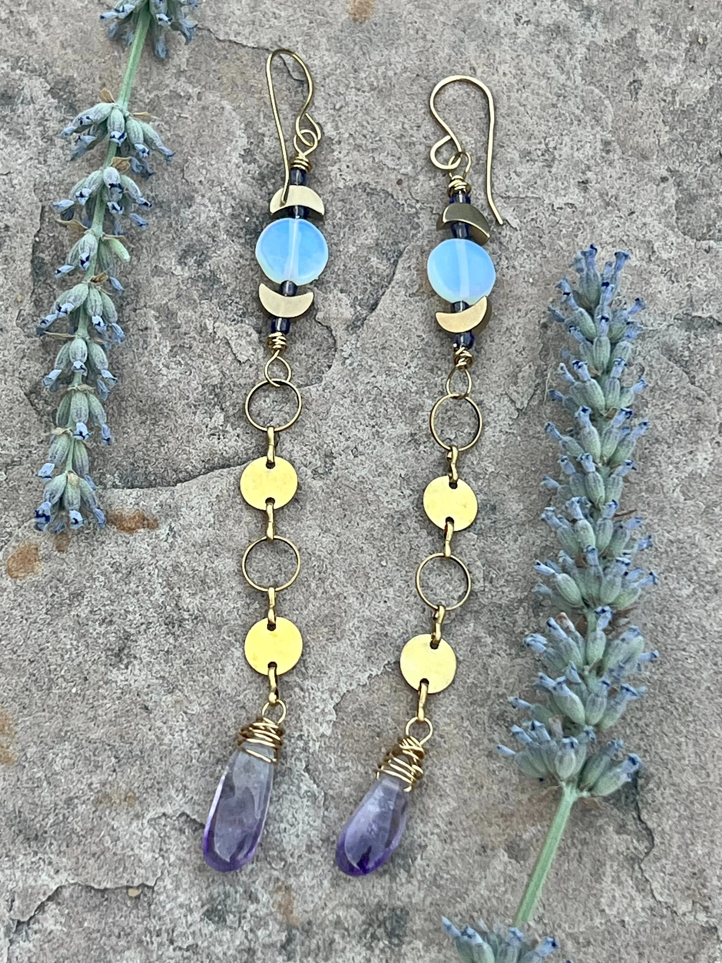 Em'z Blendz Opalite Moon & Amethyst Crystal Dangle Earrings | Handcrafted Brass