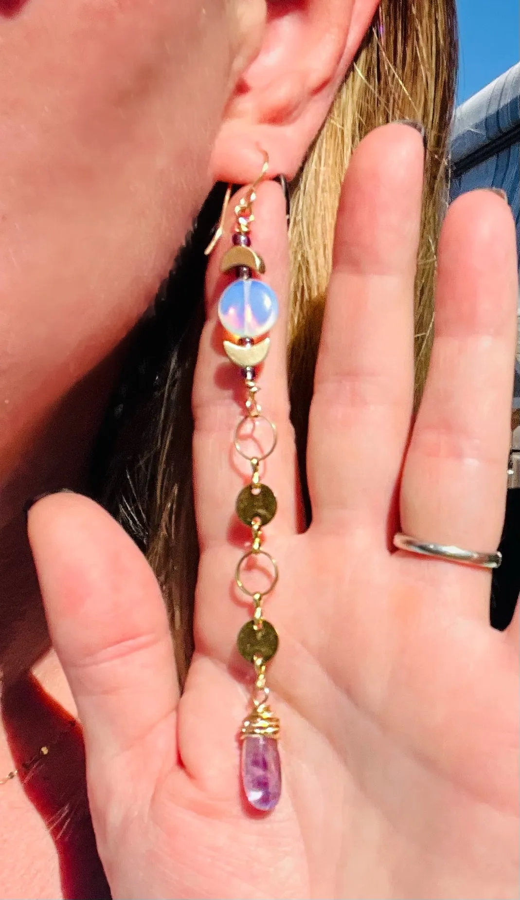 Em'z Blendz Opalite Moon & Amethyst Crystal Dangle Earrings | Handcrafted Brass