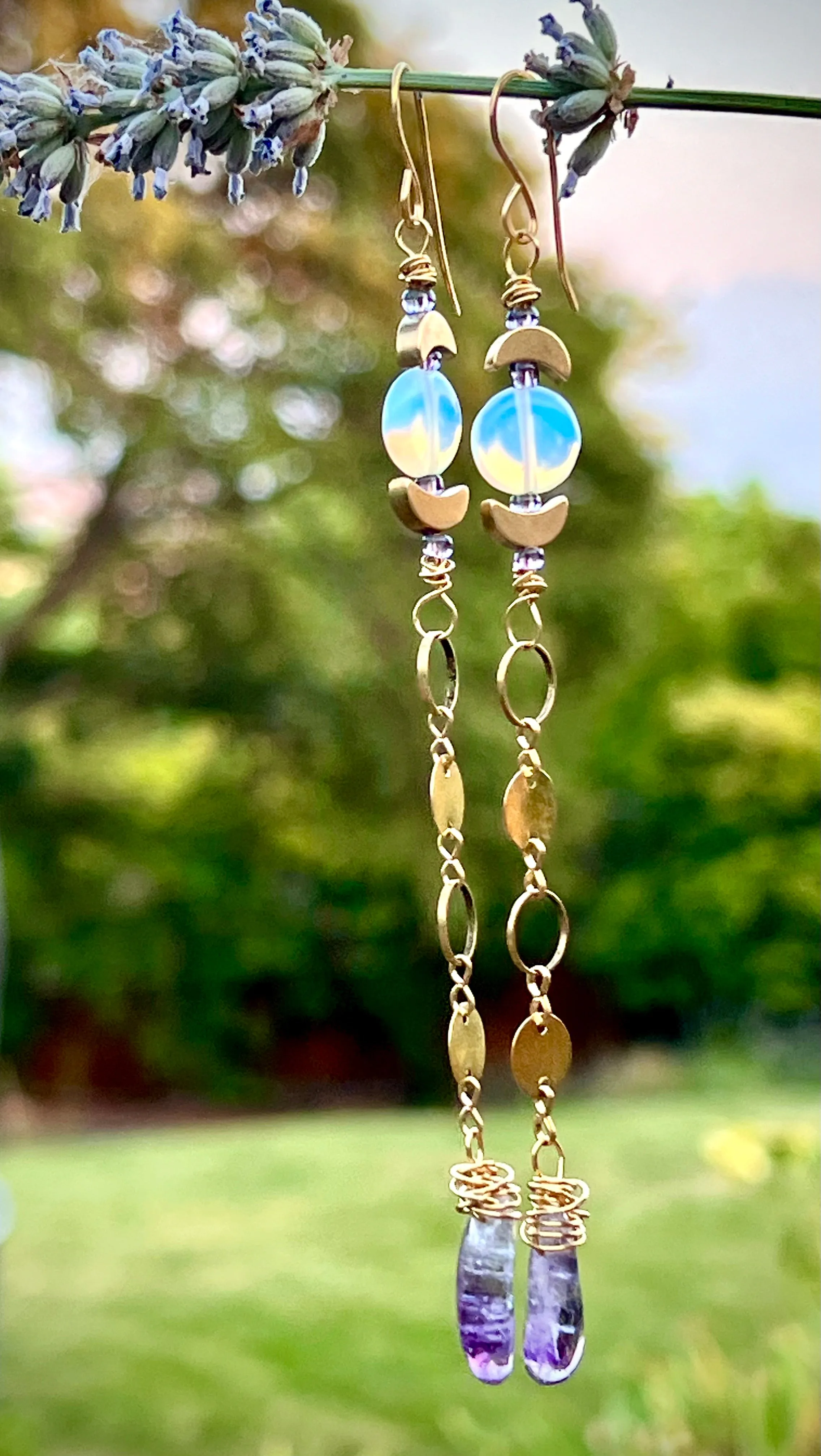 Em'z Blendz Opalite Moon & Amethyst Crystal Dangle Earrings | Handcrafted Brass