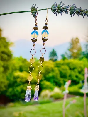 Em'z Blendz Opalite Moon & Amethyst Crystal Dangle Earrings | Handcrafted Brass