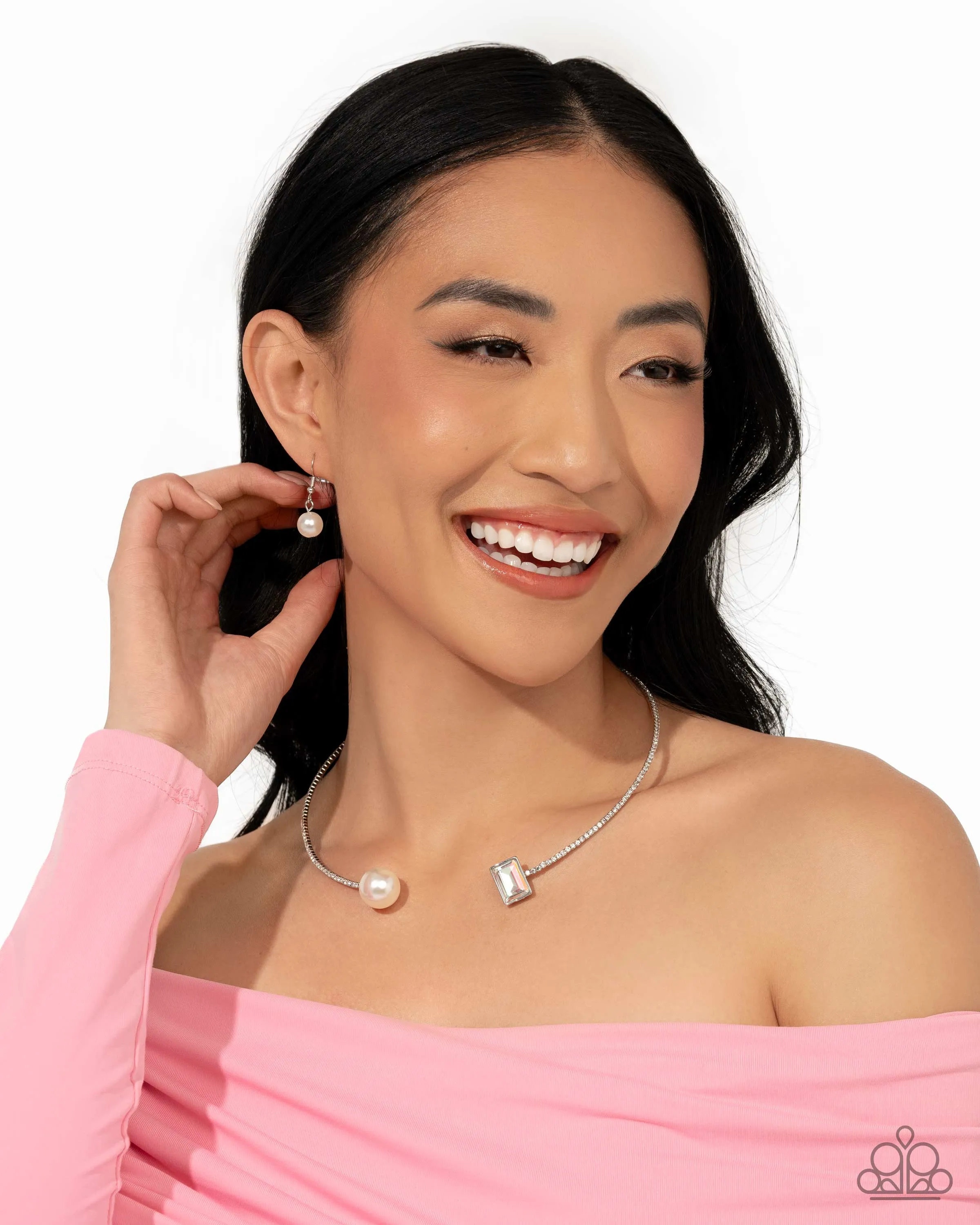 Euphoric Elegance - Multi - Iridescent Gem White Pearl Paparazzi Flex Collar Necklace - March 2025 Life of the Party Exclusive