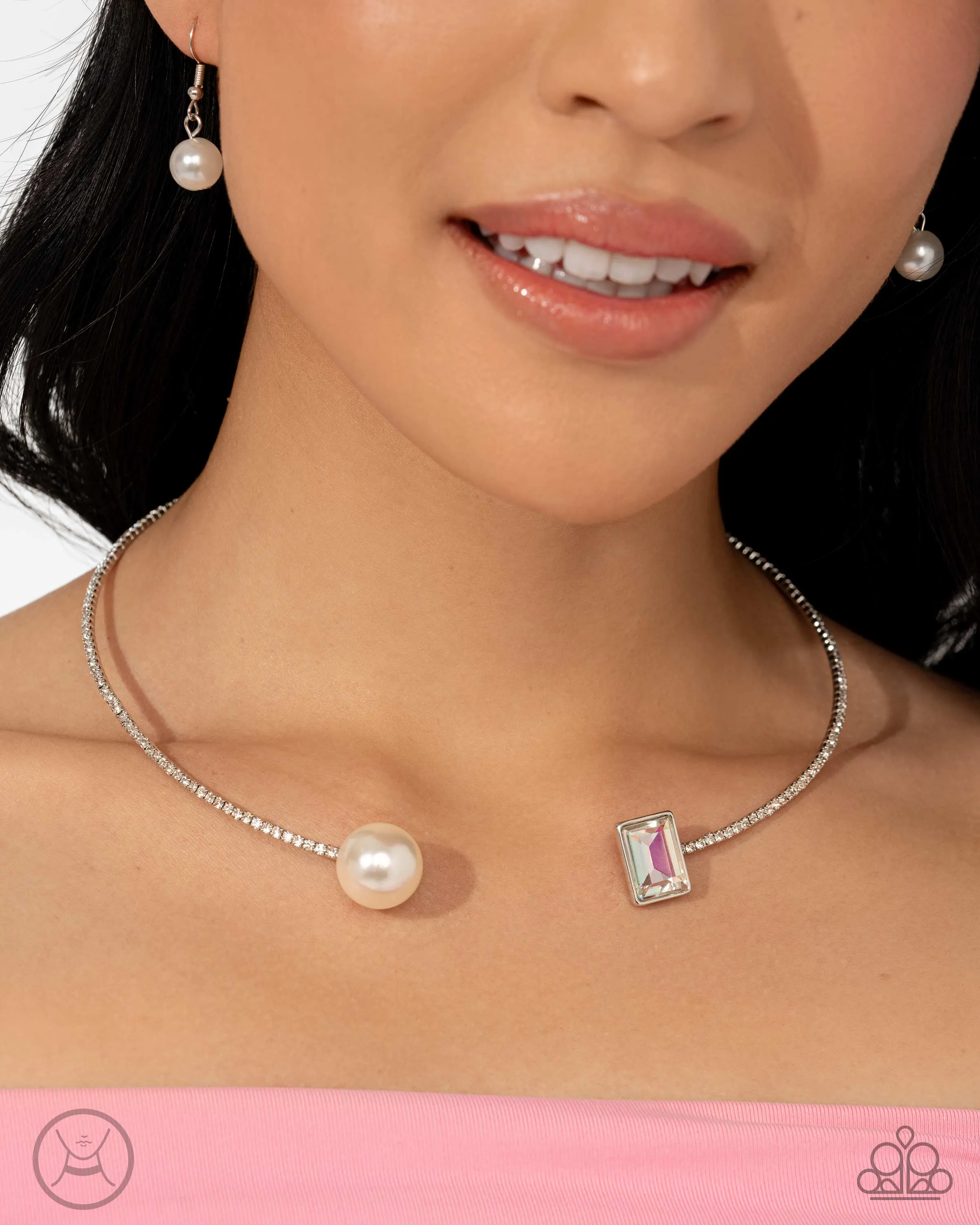 Euphoric Elegance - Multi - Iridescent Gem White Pearl Paparazzi Flex Collar Necklace - March 2025 Life of the Party Exclusive