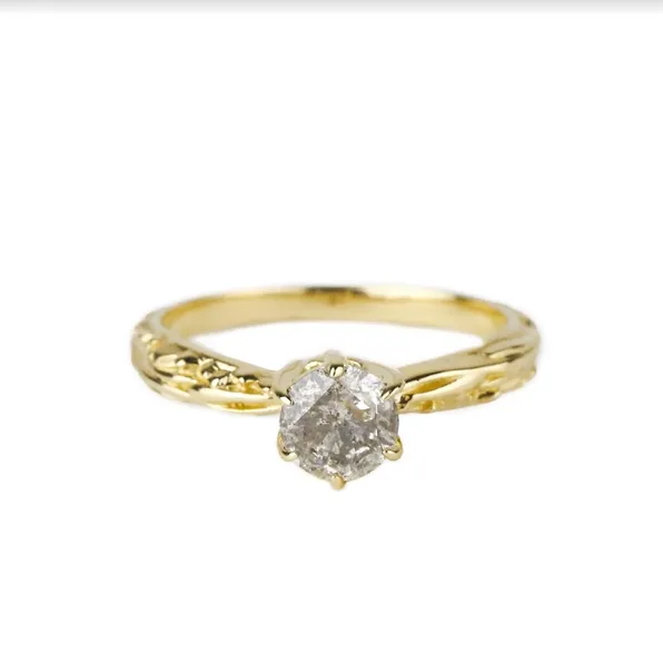 FACETED MATRIX SOLITAIRE ENGAGEMENT RING | 14K GOLD & SALT & PEPPER DIAMOND