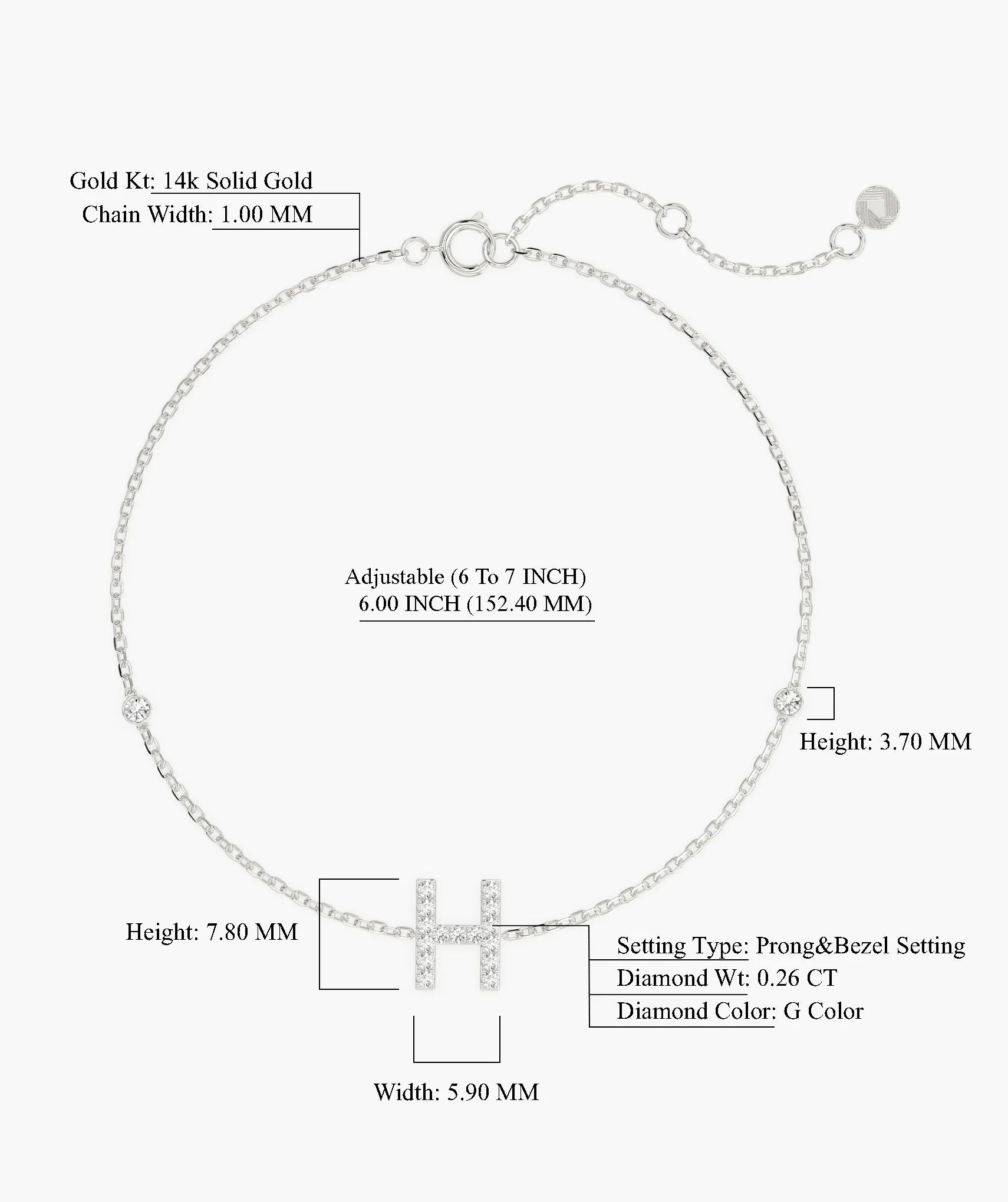 Fancy 'H' Diamond Charm Bracelet