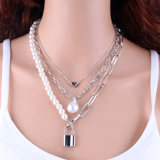 Fashion Chain Pearl Necklace For Women Baroque Pearl Pendant Necklaces Choker Neck Snake Chain Gold Silver Color Collier Jewelry