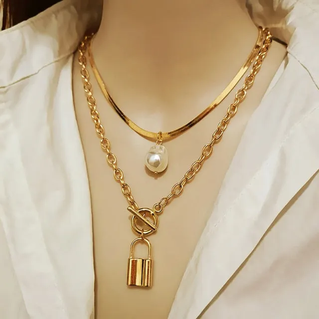 Fashion Chain Pearl Necklace For Women Baroque Pearl Pendant Necklaces Choker Neck Snake Chain Gold Silver Color Collier Jewelry
