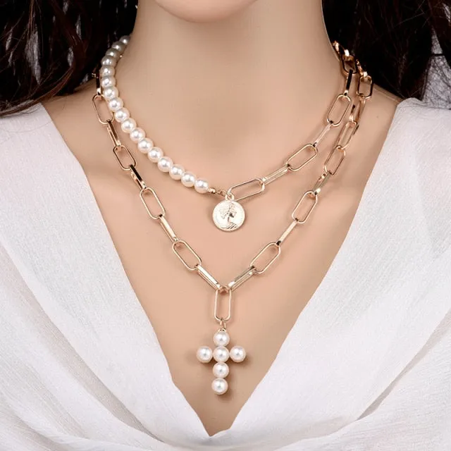 Fashion Chain Pearl Necklace For Women Baroque Pearl Pendant Necklaces Choker Neck Snake Chain Gold Silver Color Collier Jewelry