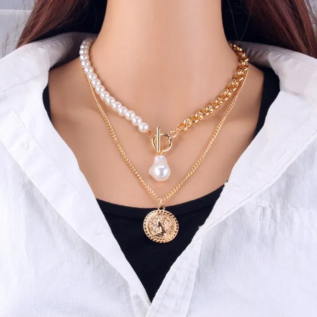 Fashion Chain Pearl Necklace For Women Baroque Pearl Pendant Necklaces Choker Neck Snake Chain Gold Silver Color Collier Jewelry