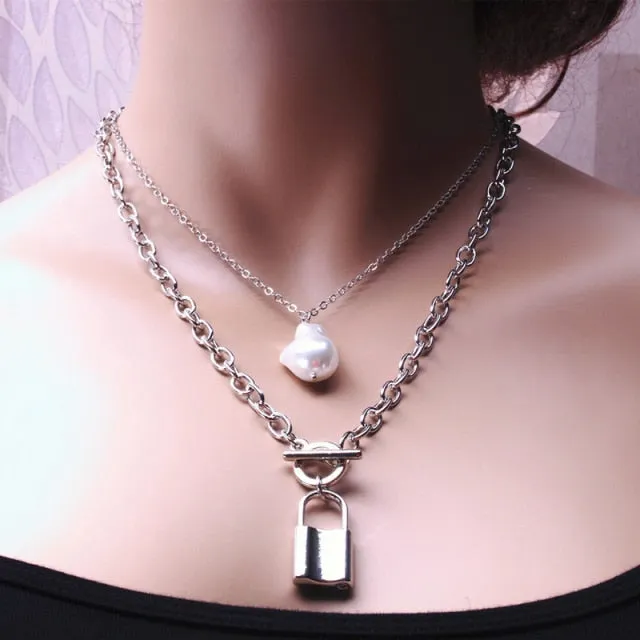 Fashion Chain Pearl Necklace For Women Baroque Pearl Pendant Necklaces Choker Neck Snake Chain Gold Silver Color Collier Jewelry
