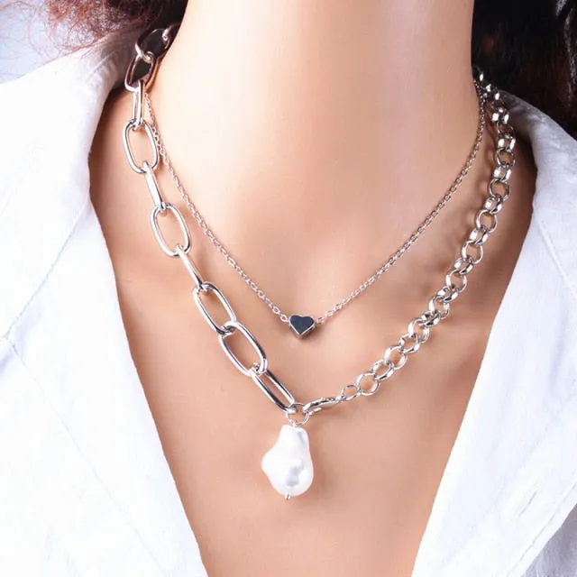 Fashion Chain Pearl Necklace For Women Baroque Pearl Pendant Necklaces Choker Neck Snake Chain Gold Silver Color Collier Jewelry