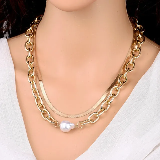 Fashion Chain Pearl Necklace For Women Baroque Pearl Pendant Necklaces Choker Neck Snake Chain Gold Silver Color Collier Jewelry