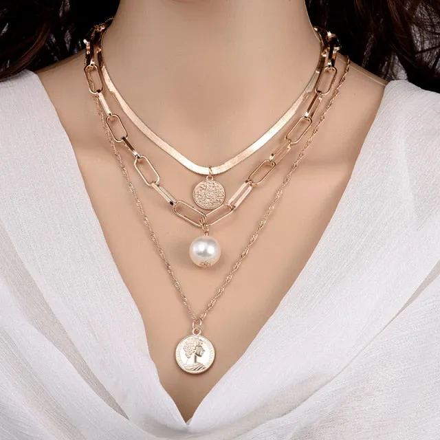 Fashion Chain Pearl Necklace For Women Baroque Pearl Pendant Necklaces Choker Neck Snake Chain Gold Silver Color Collier Jewelry