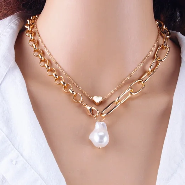 Fashion Chain Pearl Necklace For Women Baroque Pearl Pendant Necklaces Choker Neck Snake Chain Gold Silver Color Collier Jewelry
