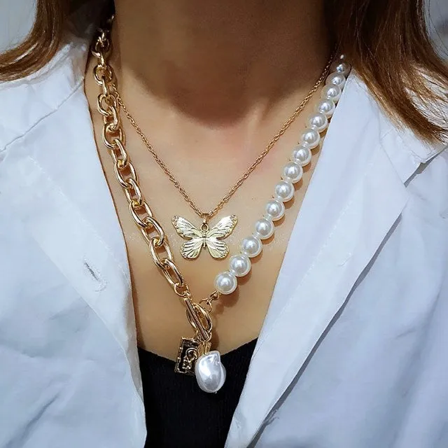 Fashion Chain Pearl Necklace For Women Baroque Pearl Pendant Necklaces Choker Neck Snake Chain Gold Silver Color Collier Jewelry