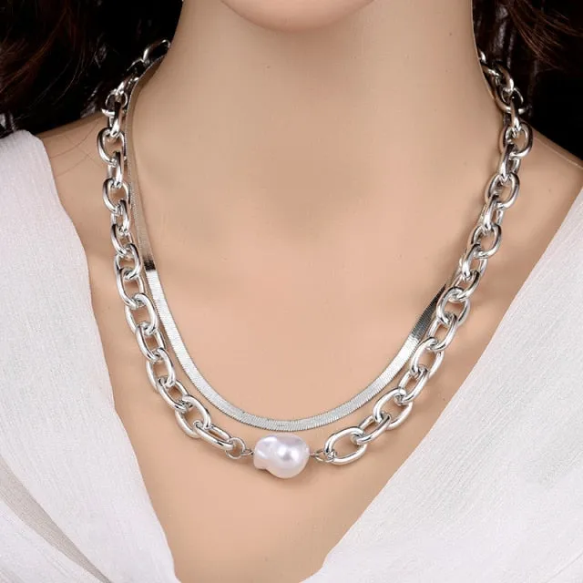 Fashion Chain Pearl Necklace For Women Baroque Pearl Pendant Necklaces Choker Neck Snake Chain Gold Silver Color Collier Jewelry