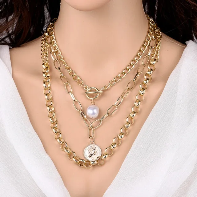 Fashion Chain Pearl Necklace For Women Baroque Pearl Pendant Necklaces Choker Neck Snake Chain Gold Silver Color Collier Jewelry