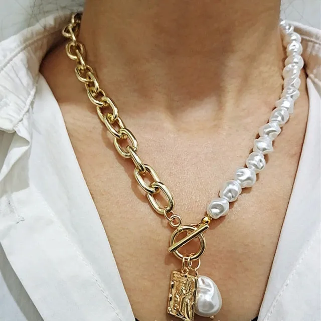 Fashion Chain Pearl Necklace For Women Baroque Pearl Pendant Necklaces Choker Neck Snake Chain Gold Silver Color Collier Jewelry