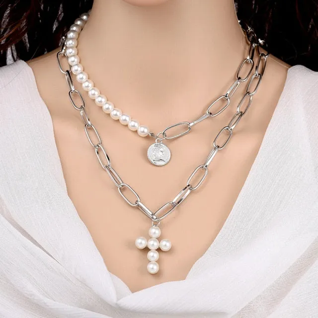 Fashion Chain Pearl Necklace For Women Baroque Pearl Pendant Necklaces Choker Neck Snake Chain Gold Silver Color Collier Jewelry