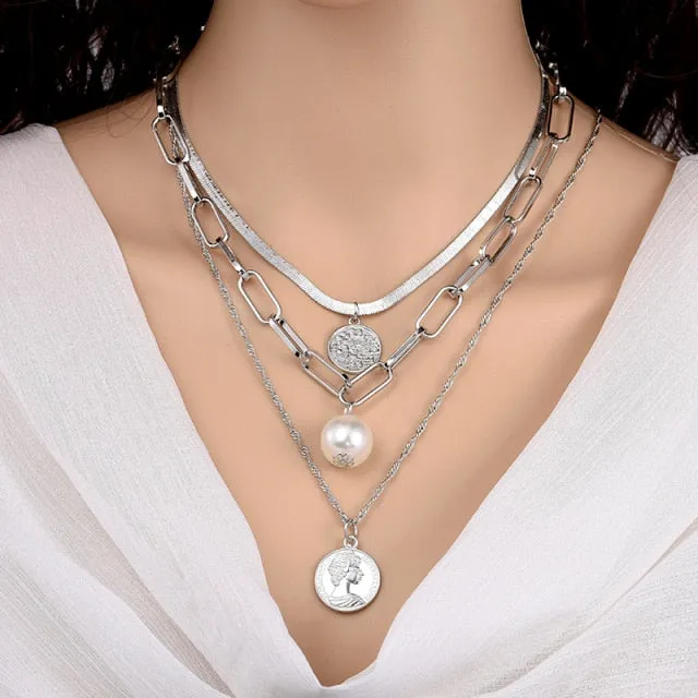 Fashion Chain Pearl Necklace For Women Baroque Pearl Pendant Necklaces Choker Neck Snake Chain Gold Silver Color Collier Jewelry