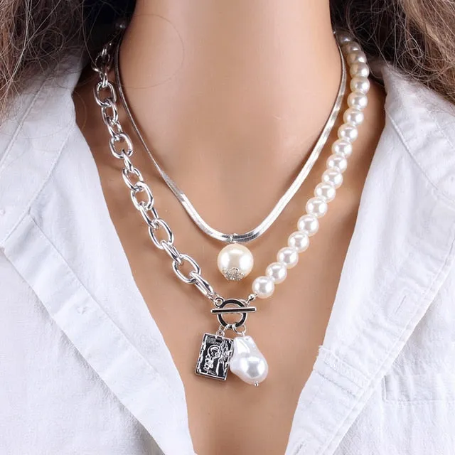 Fashion Chain Pearl Necklace For Women Baroque Pearl Pendant Necklaces Choker Neck Snake Chain Gold Silver Color Collier Jewelry