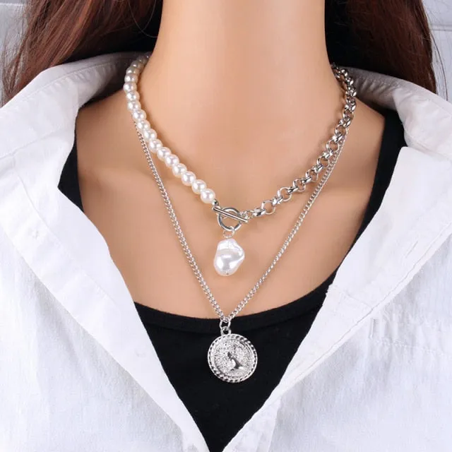Fashion Chain Pearl Necklace For Women Baroque Pearl Pendant Necklaces Choker Neck Snake Chain Gold Silver Color Collier Jewelry