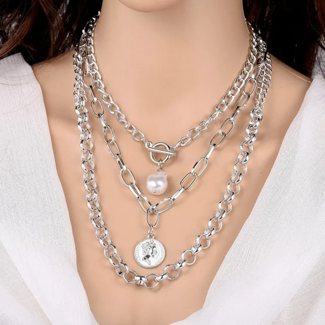 Fashion Chain Pearl Necklace For Women Baroque Pearl Pendant Necklaces Choker Neck Snake Chain Gold Silver Color Collier Jewelry