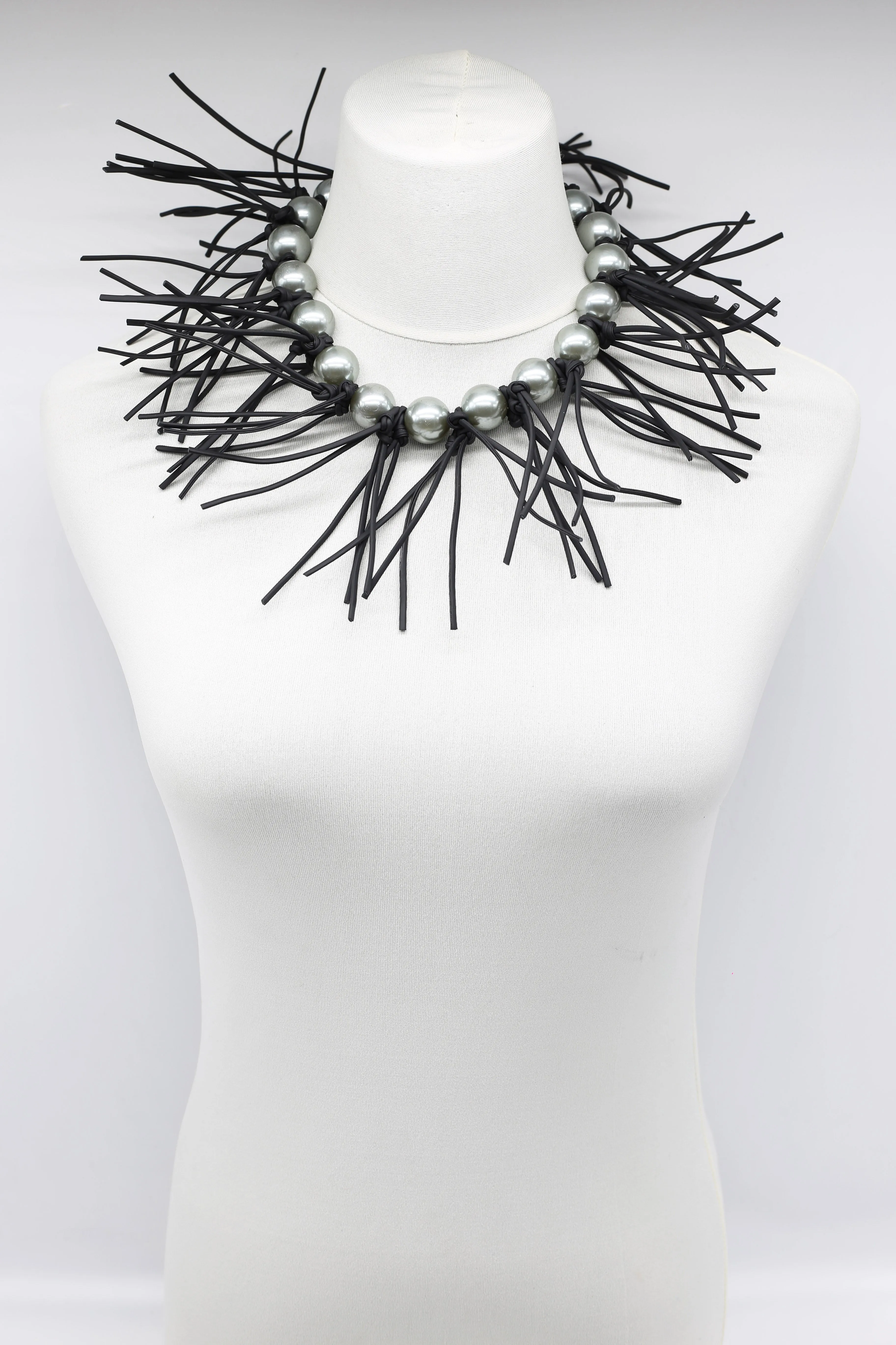 Faux Pearls & Leatherette Fringe Collar Necklaces