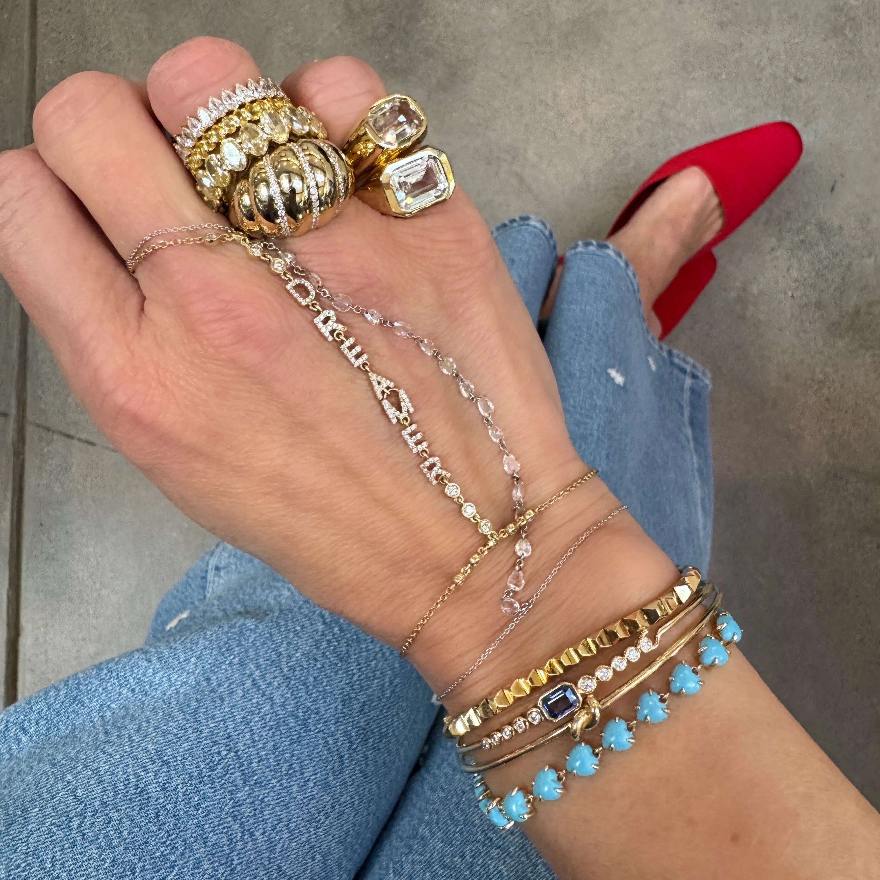 Floating Rose Cut Diamond Pears Bringlet Hand Chain Bracelet