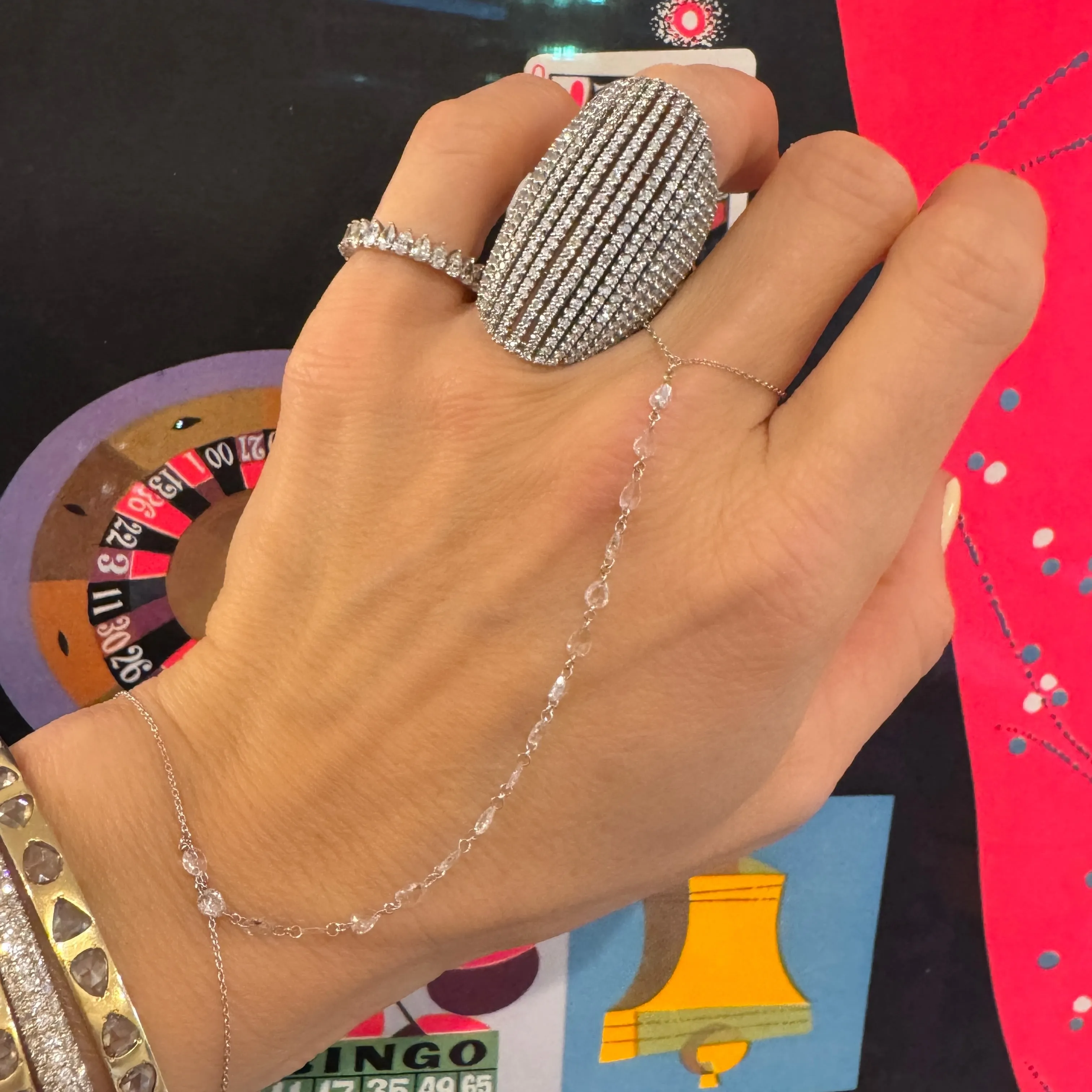 Floating Rose Cut Diamond Pears Bringlet Hand Chain Bracelet