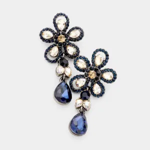 Floral Blue Crystal Teardrop Earrings
