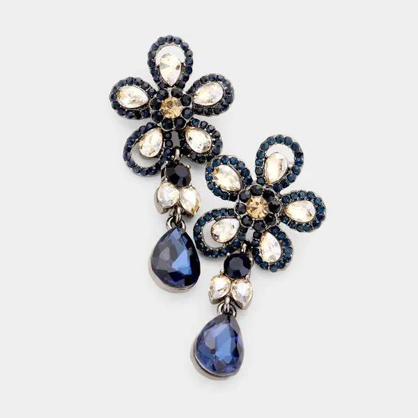 Floral Blue Crystal Teardrop Earrings