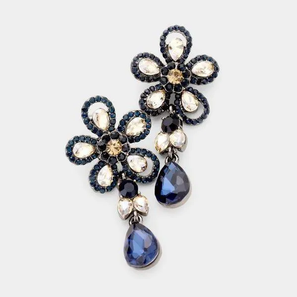 Floral Blue Crystal Teardrop Earrings