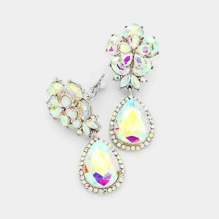 Flower Abalone Crystal Teardrop Dangle Silver Clip on Earrings