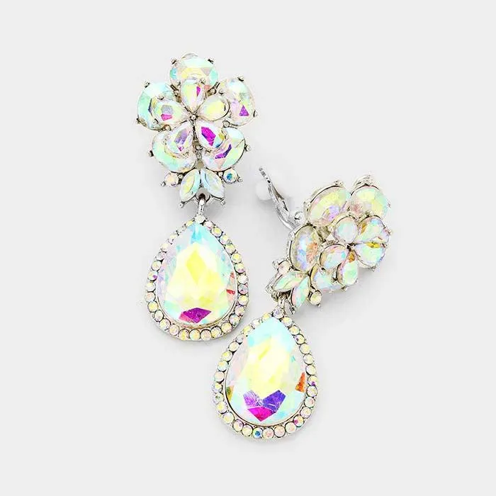 Flower Abalone Crystal Teardrop Dangle Silver Clip on Earrings