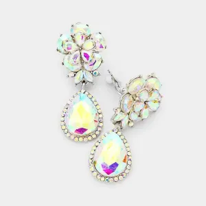 Flower Abalone Crystal Teardrop Dangle Silver Clip on Earrings