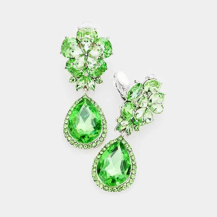 Flower Green Crystal Teardrop Dangle Clip on Earrings