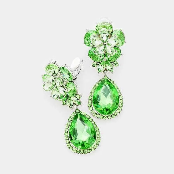 Flower Green Crystal Teardrop Dangle Clip on Earrings