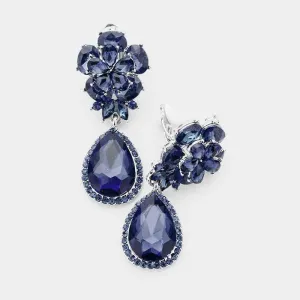 Flower Montana Blue Crystal Teardrop Dangle Clip on Earrings