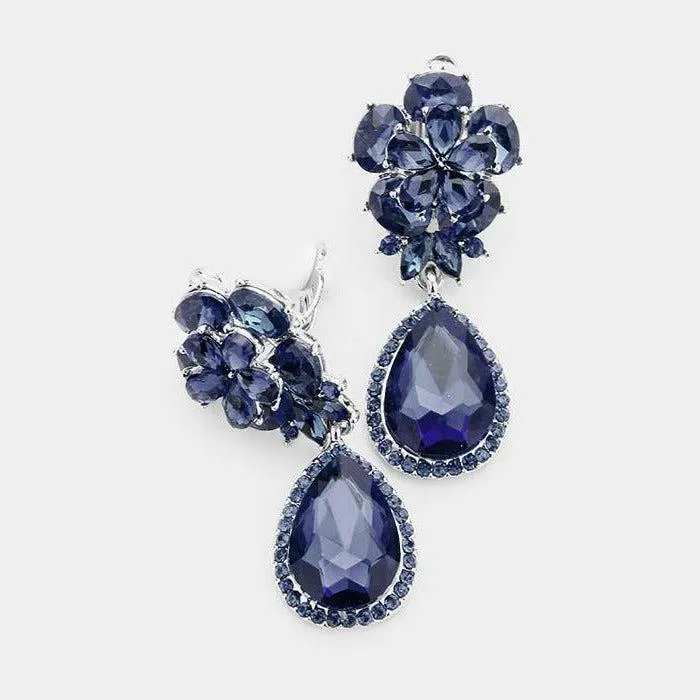 Flower Montana Blue Crystal Teardrop Dangle Clip on Earrings