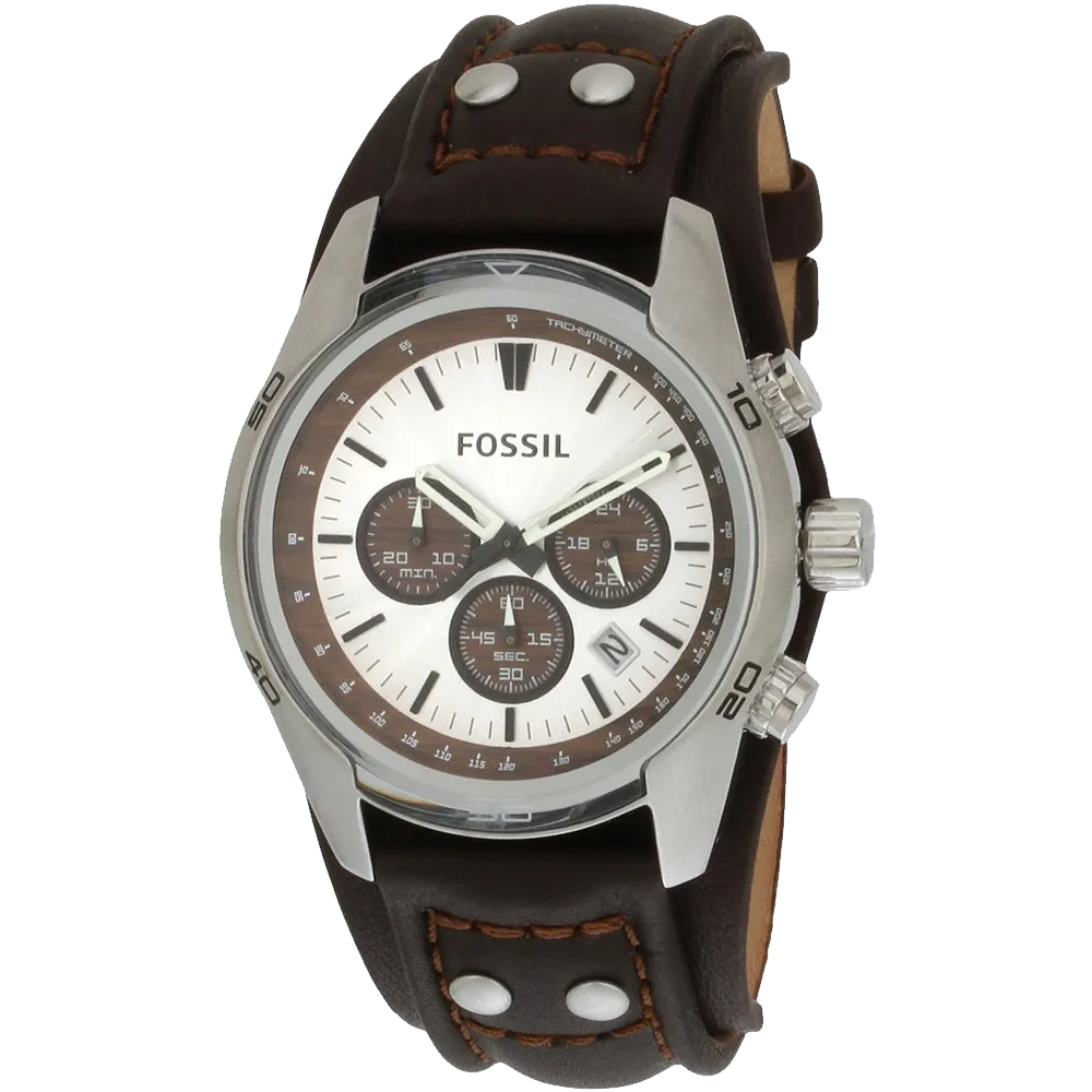 Fossil Mens Stainless Steel Chronograph Watch with Genuine Brown Leather Strap